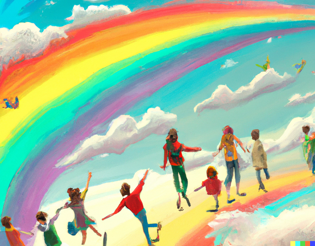 People walking on a rainbow